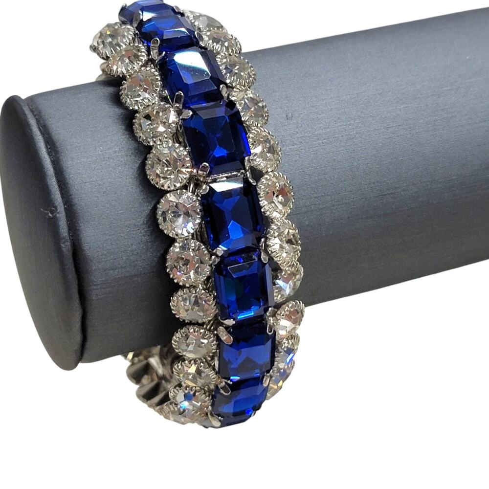 Vintage Sapphire Blue Rhinestone Bypass Bracelet Silver Tone Expansion Cuff